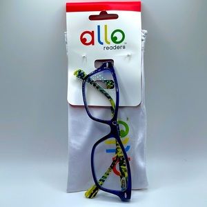 NWT. Allo 2.25 Readers. Blue frames with yellow, blue, and black arms.
